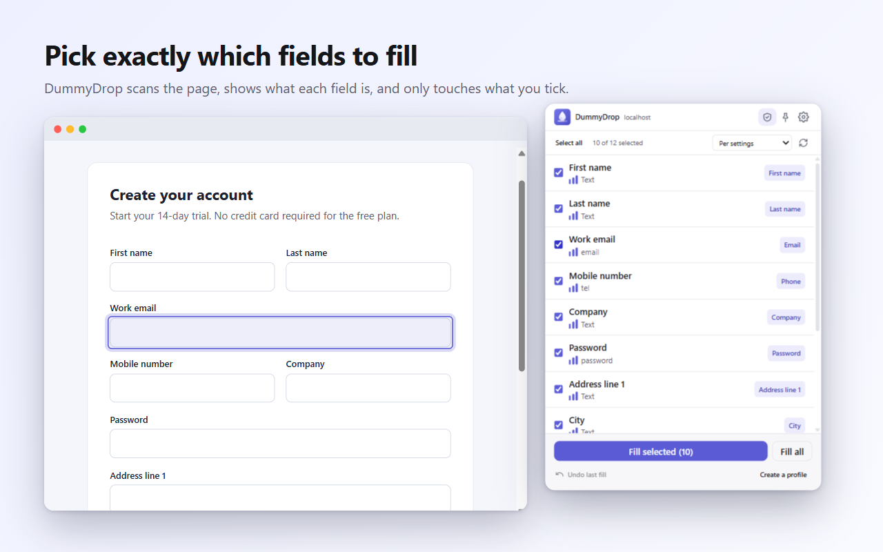 The DummyDrop popup next to a sign-up form. It lists the fields it found, each with a detected type and a confidence indicator, and ten of them are ticked.