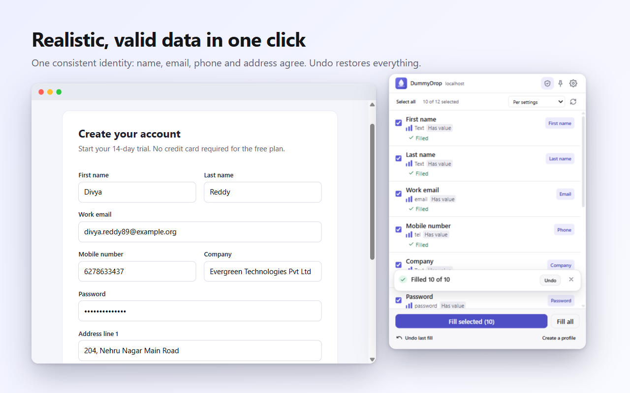 The same sign-up form after pressing Fill selected: every field holds consistent dummy data and a message offers to undo the fill.