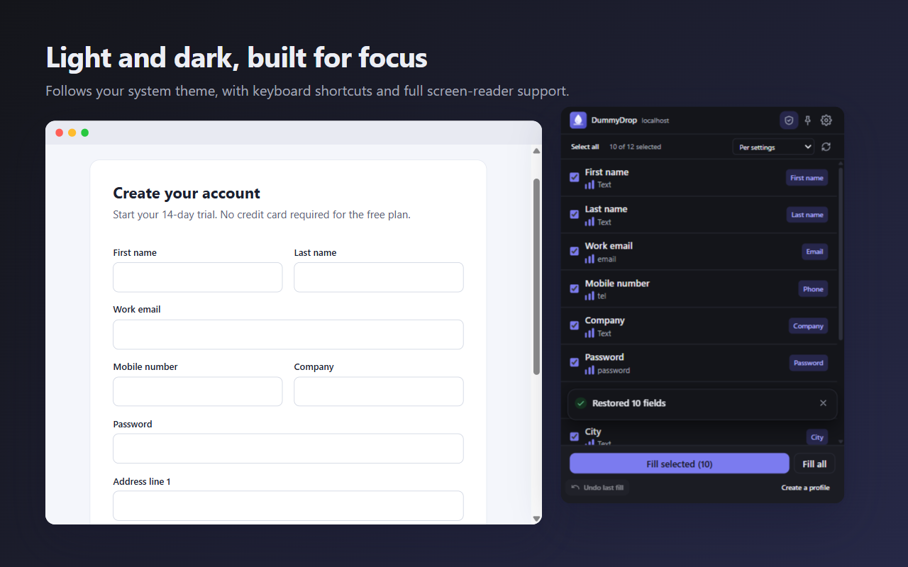 DummyDrop in its dark theme, with a message saying ten fields were restored after Undo.