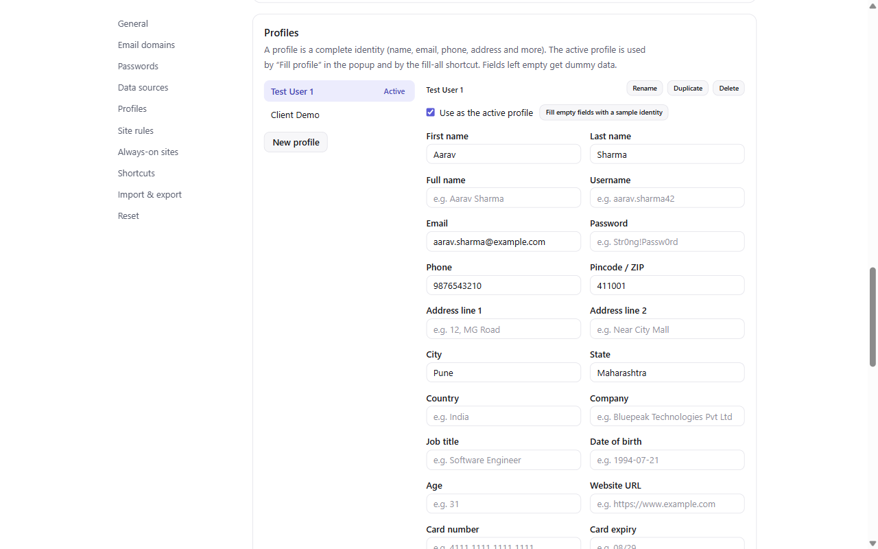 The DummyDrop settings page showing two saved profiles, one marked active, with fields for name, email, phone and address.